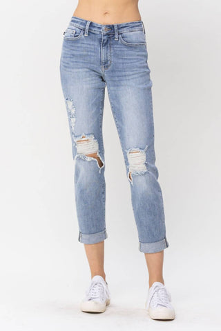 Judy Blue - Mid Rise Double Cuff Destroyed Boyfriend Denim Jeans