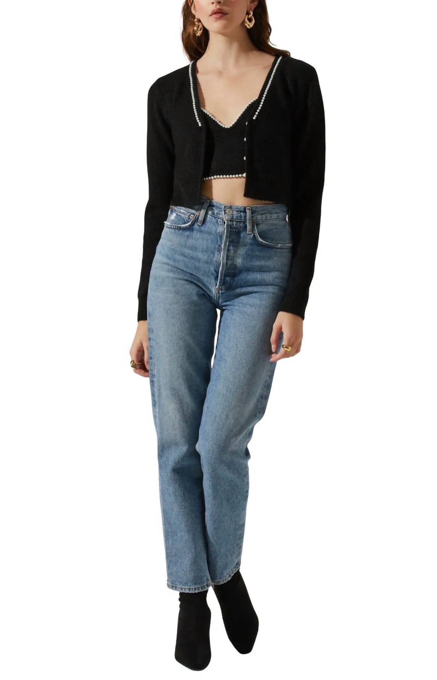 Astr - Melissa Imitation Pearl Trim Cardigan And Bralette Set