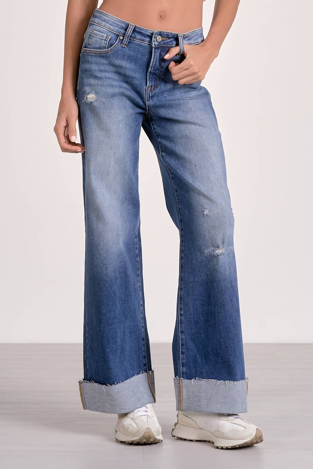 Elan - Cuffed Bottom Denim Wash Wide Leg Jeans