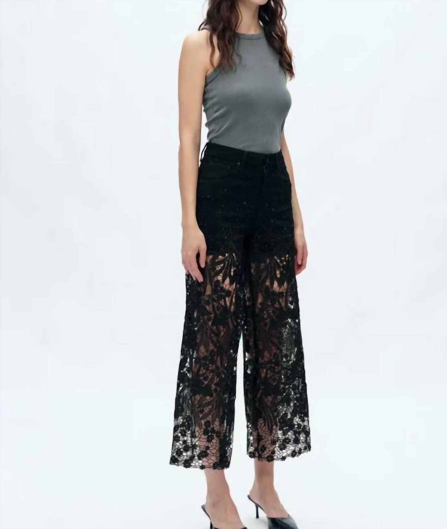 Bayeas - High Waist Crystal Embellished Lace Wide Leg Jeans