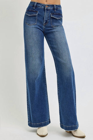 Risen - High Rise Wide Leg Front Patch Pocket Jeans