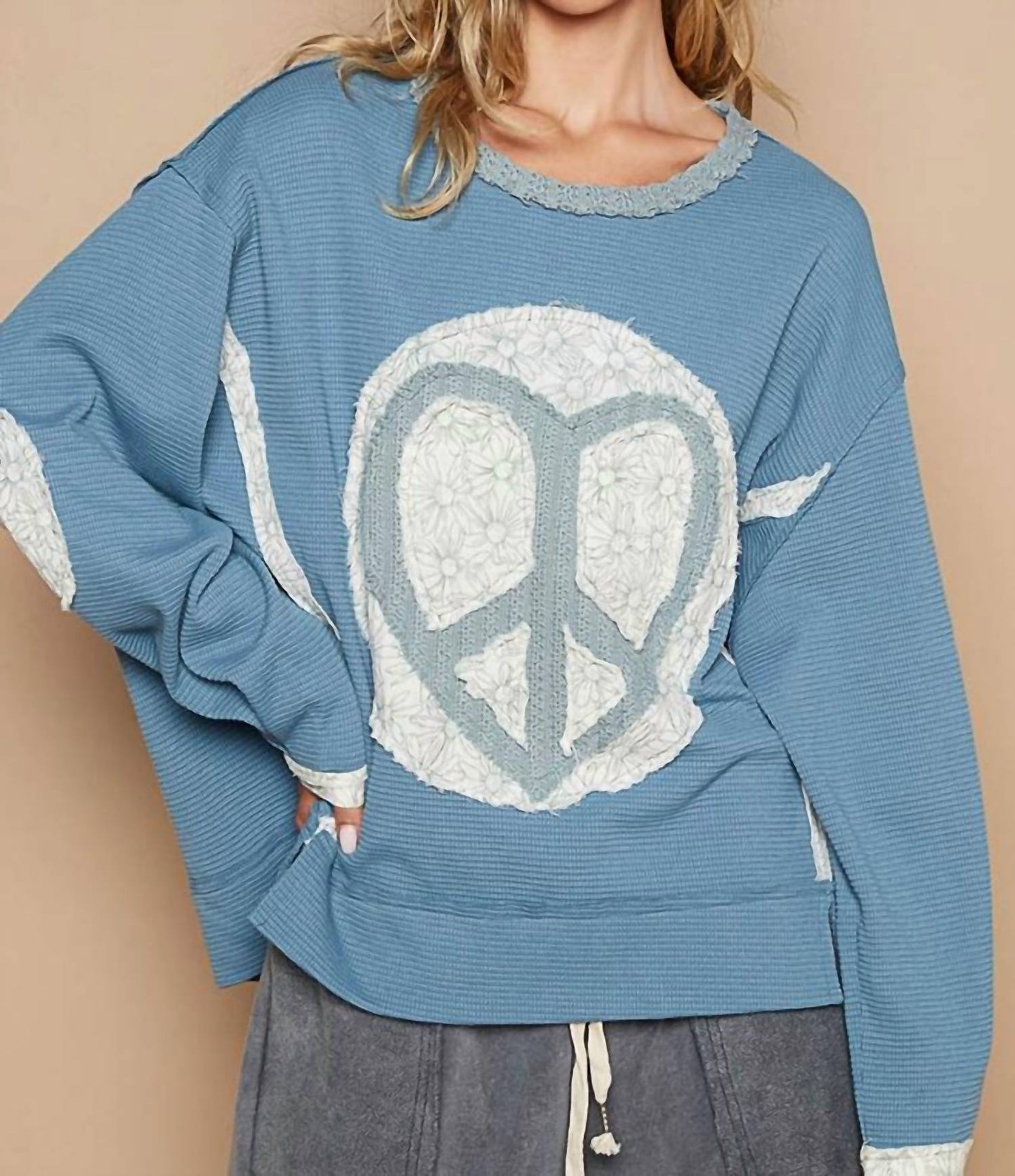 Pol - Round Neck Long Sleeve Thermal Knit Patch Top