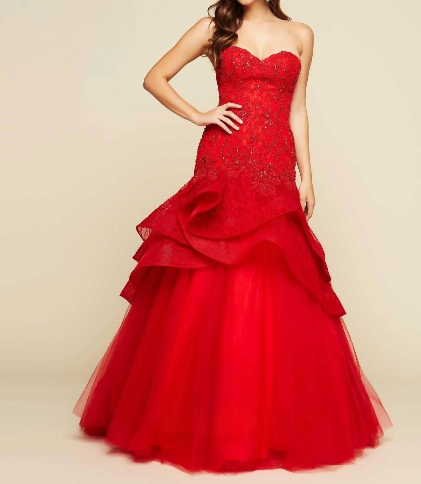 Mac Duggal - Lace Ruffled Tulle Ball Gown