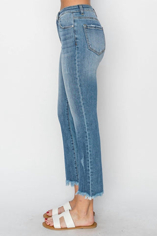 Risen - Mid-Rise Raw Hem Straight Jeans
