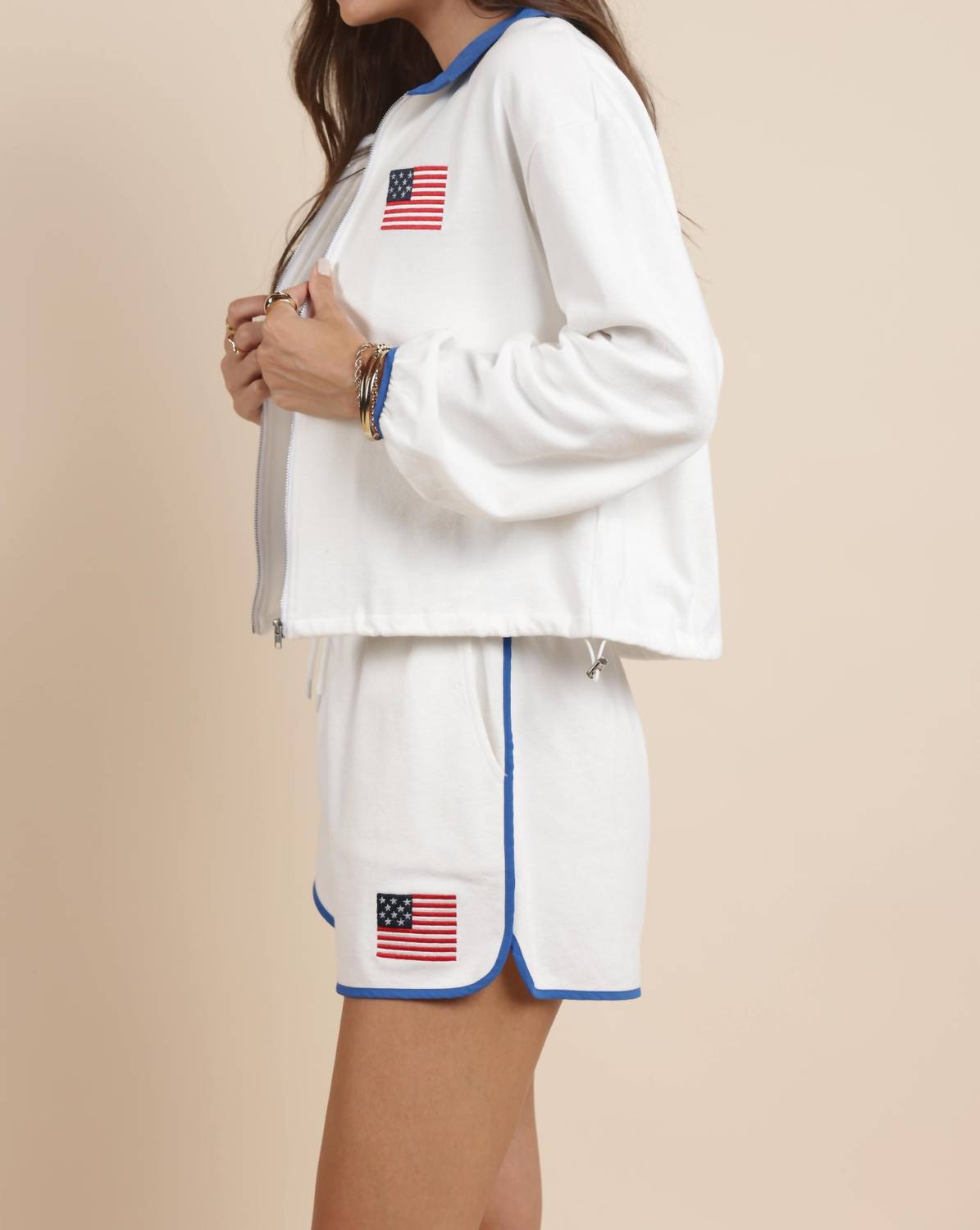 Sadie & Sage - Flag Embroidery Zip Up Collar Jacket