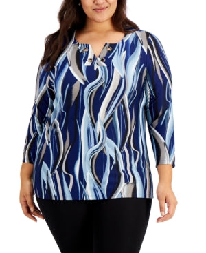 Kasper Plus Size Printed Grommet-Trim Blouse