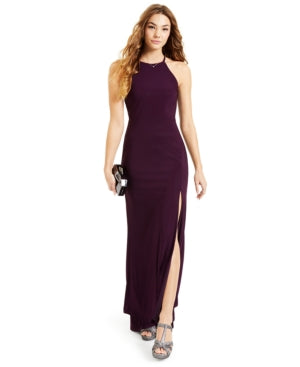 Women's Purple Slitted Halter Maxi Evening Dress