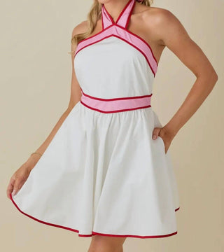 Baby Pink - Colorblock Strap Design Halter Neck Mini Dress