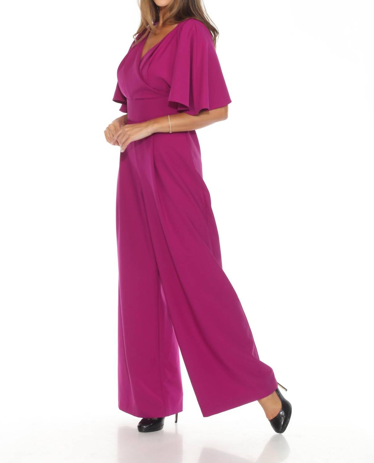 Joseph Ribkoff - Flutter Sleeves Wide Leg Jumpsuit