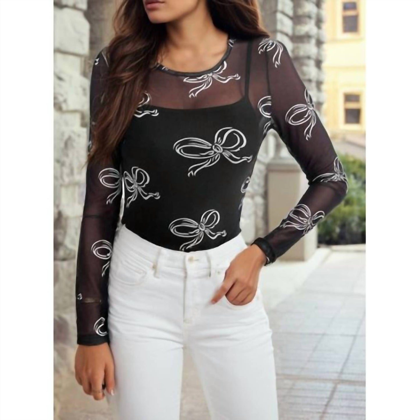 1 The Woman - Mesh Bow Print Long Sleeve Top