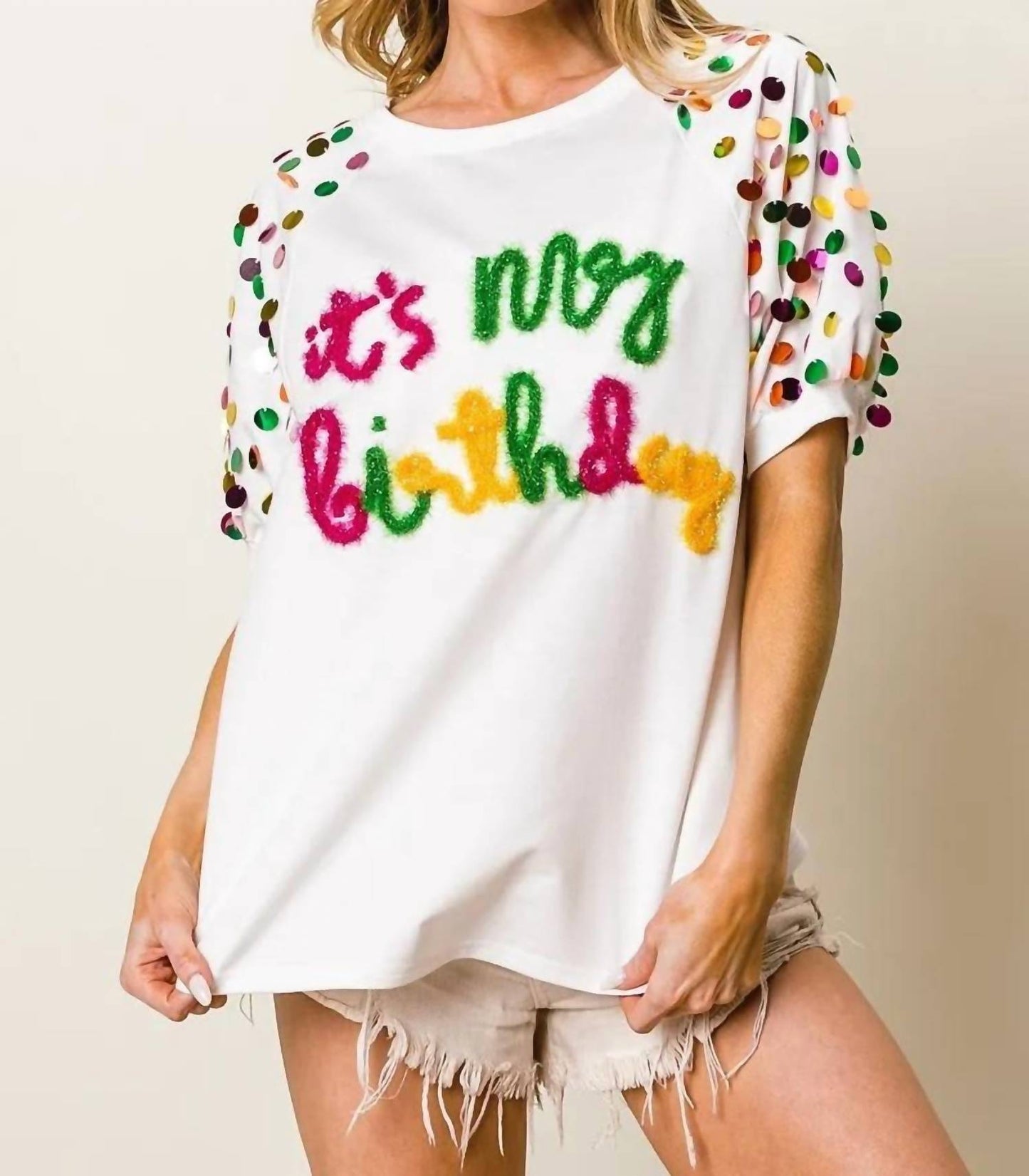 Trendsi - BiBi Metallic Letter Spangle Raglan Puff Sleeve Top