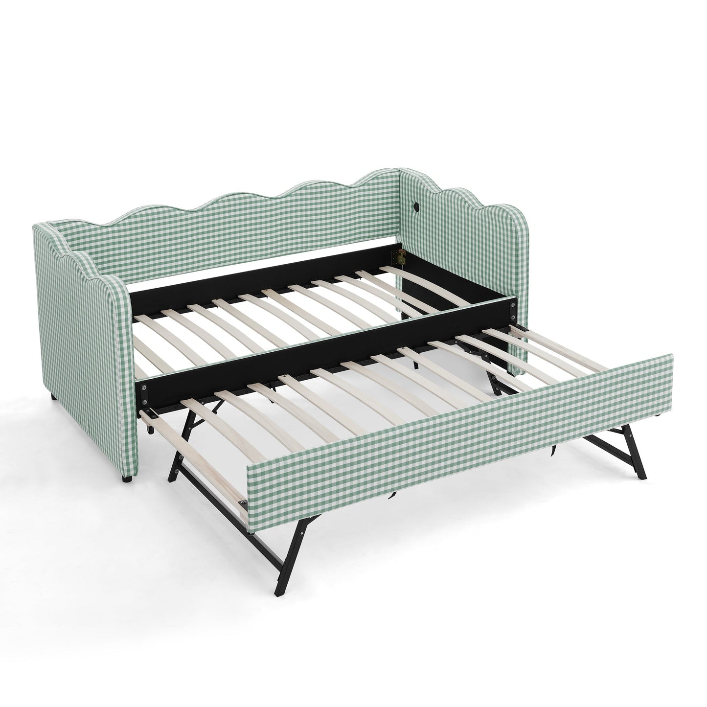 Cozy Gingham Daybed with Trundle Twin Size Sofa Bed No Box Spring Needed