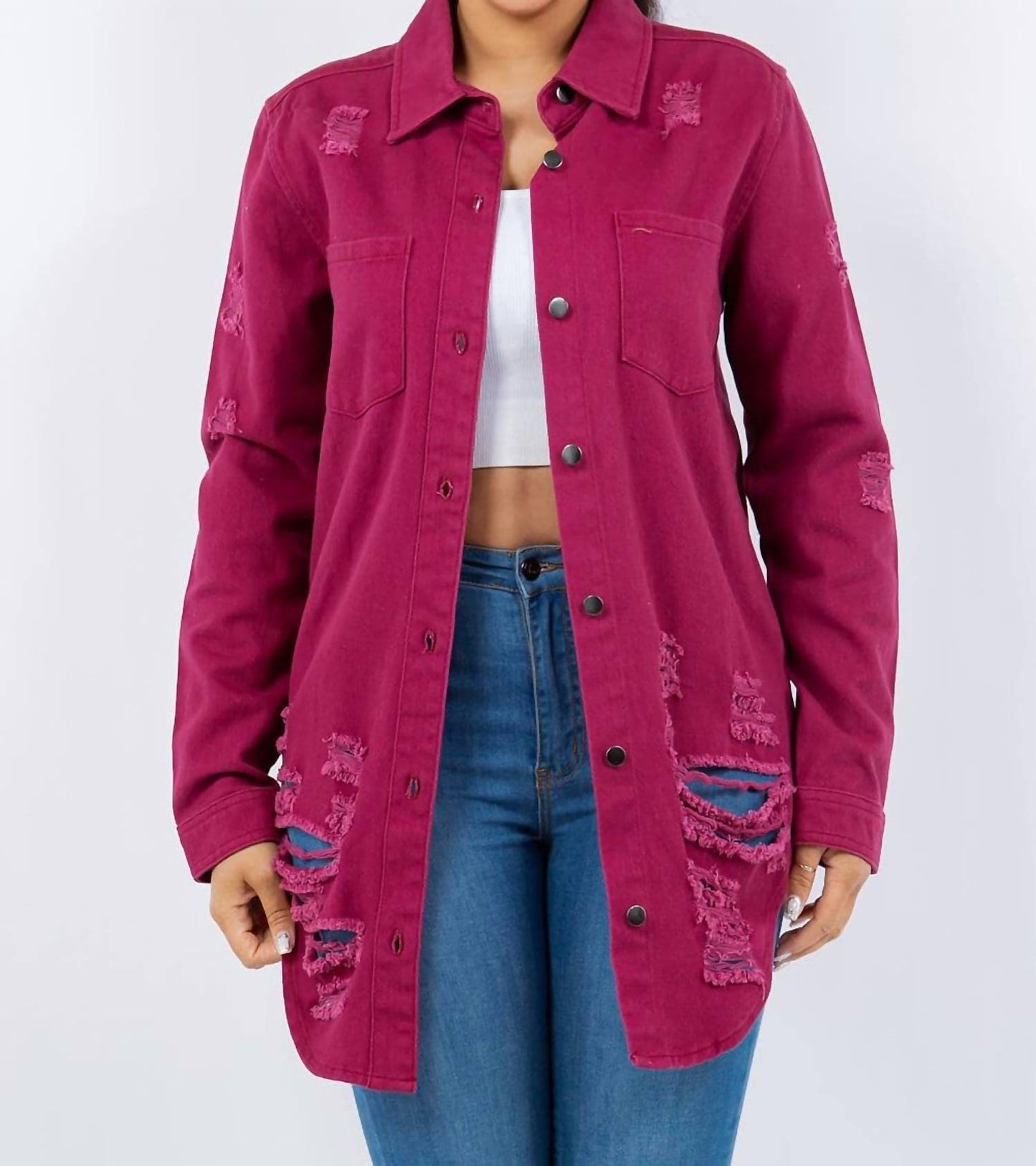 American Bazi - Distressed Button Up Long Sleeve Denim Jacket