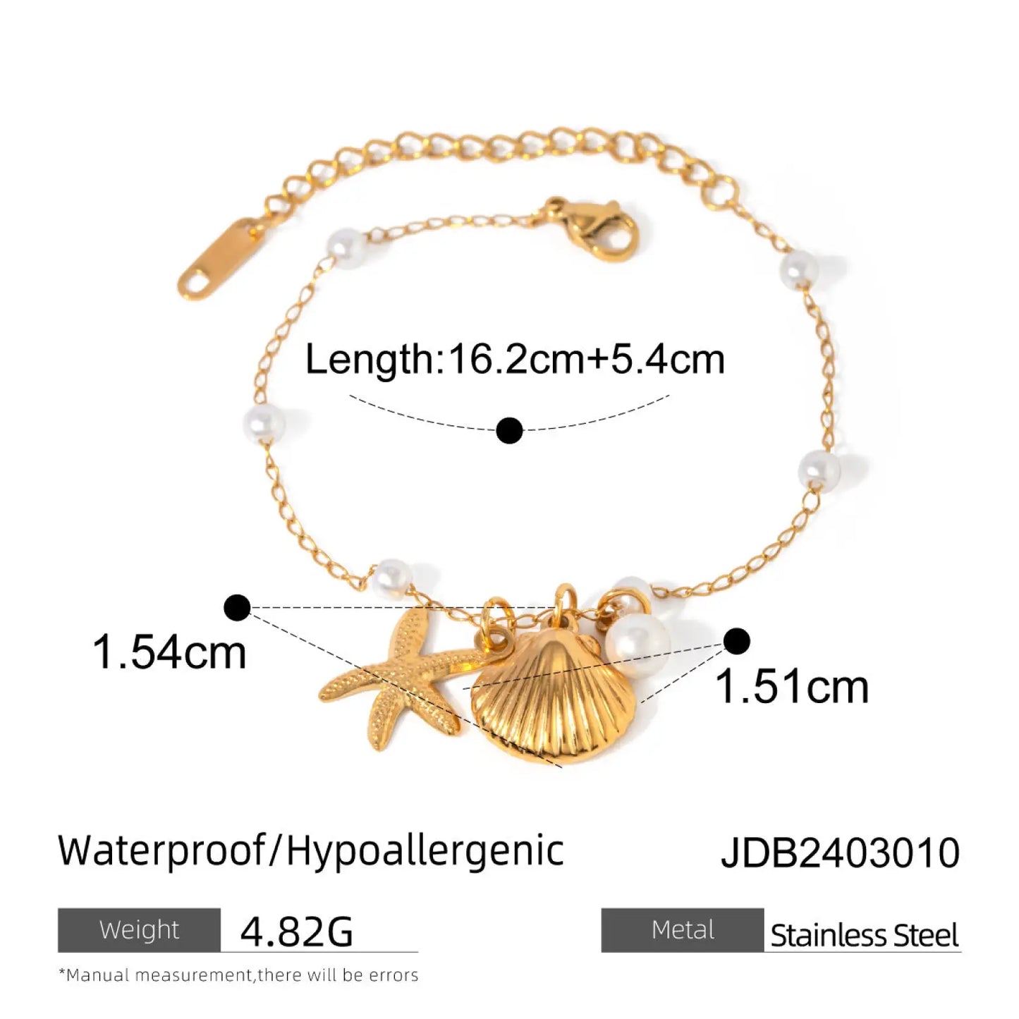 18k Gold Plated Pearl Shell and Starfish Charm Bracelet