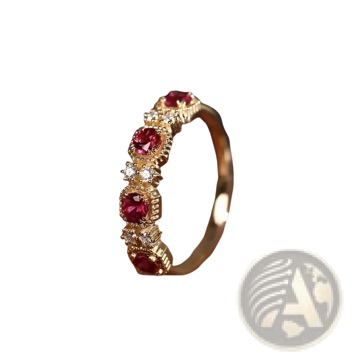 18k Gold Plated Pigeon Blood Ruby and Diamond Band Ring