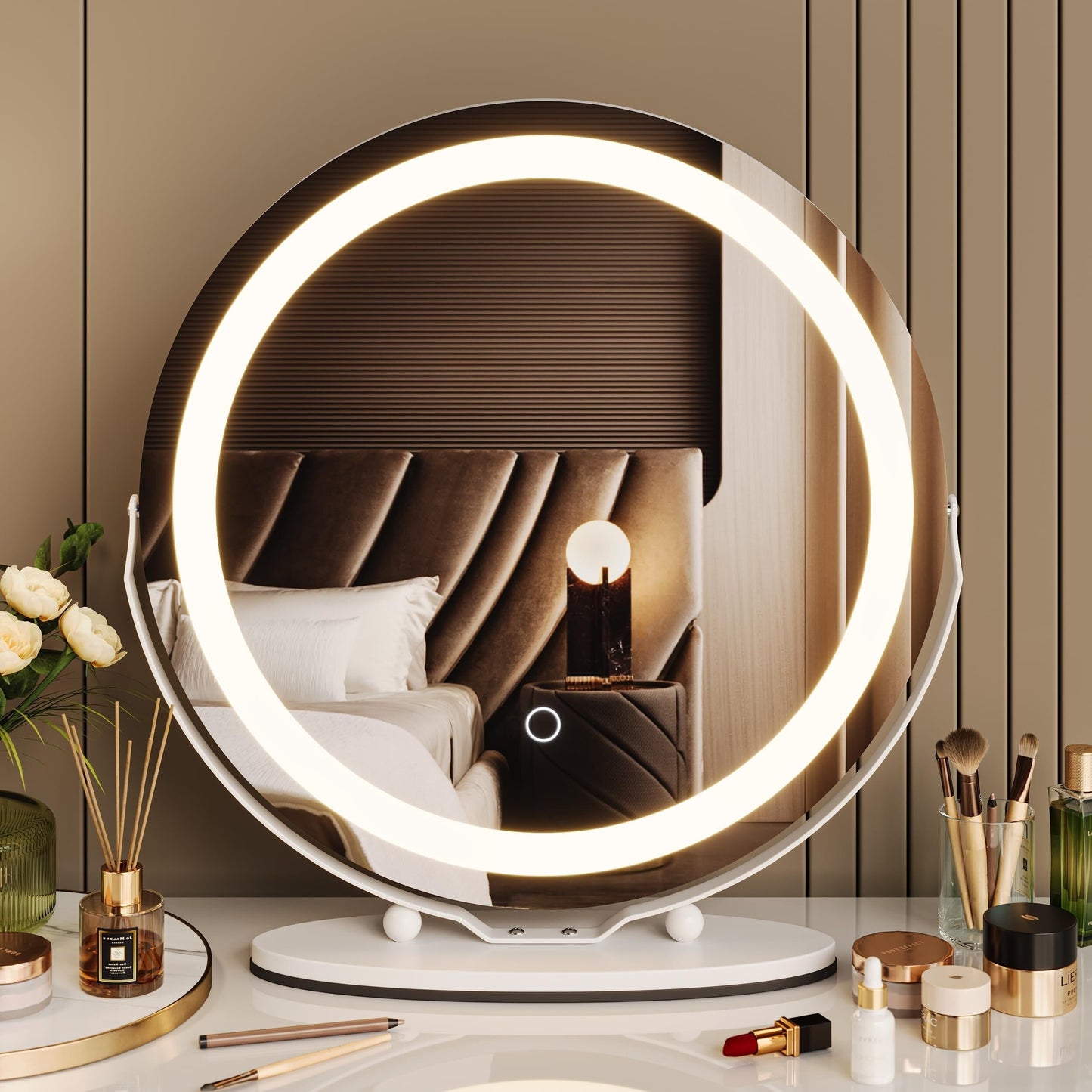 19 Inch Makeup Mirror for Bedroom Vanity Mirror with Lights Round Desk Mirror 360Degree Rotation  19IN