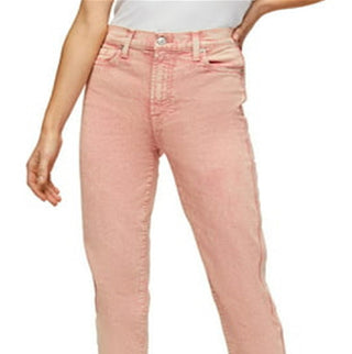 7 For All Mankind Women's Stretch Pocketed Zippered Crop High Rise Denim Acid Wash Straight Leg Jeans Pink