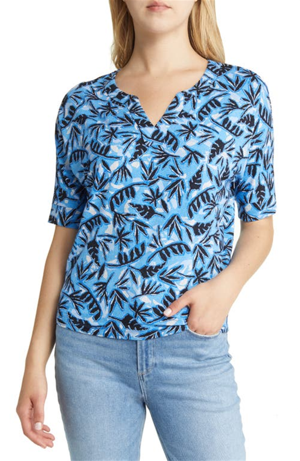 NIC+ZOE Coastal Vines Palm Print Top in Blue Multi Size XXL
