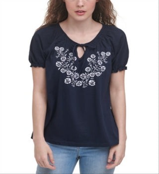 Tommy Hilfiger Women's Cotton Embroidered Peasant Top Blue Size X-Large