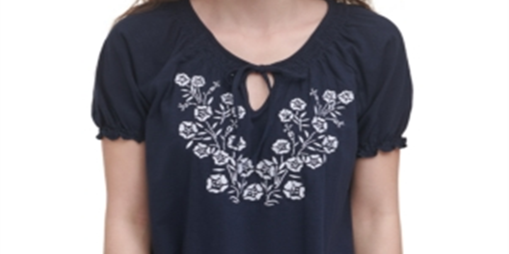 Tommy Hilfiger Women's Cotton Embroidered Peasant Top Blue Size X-Large