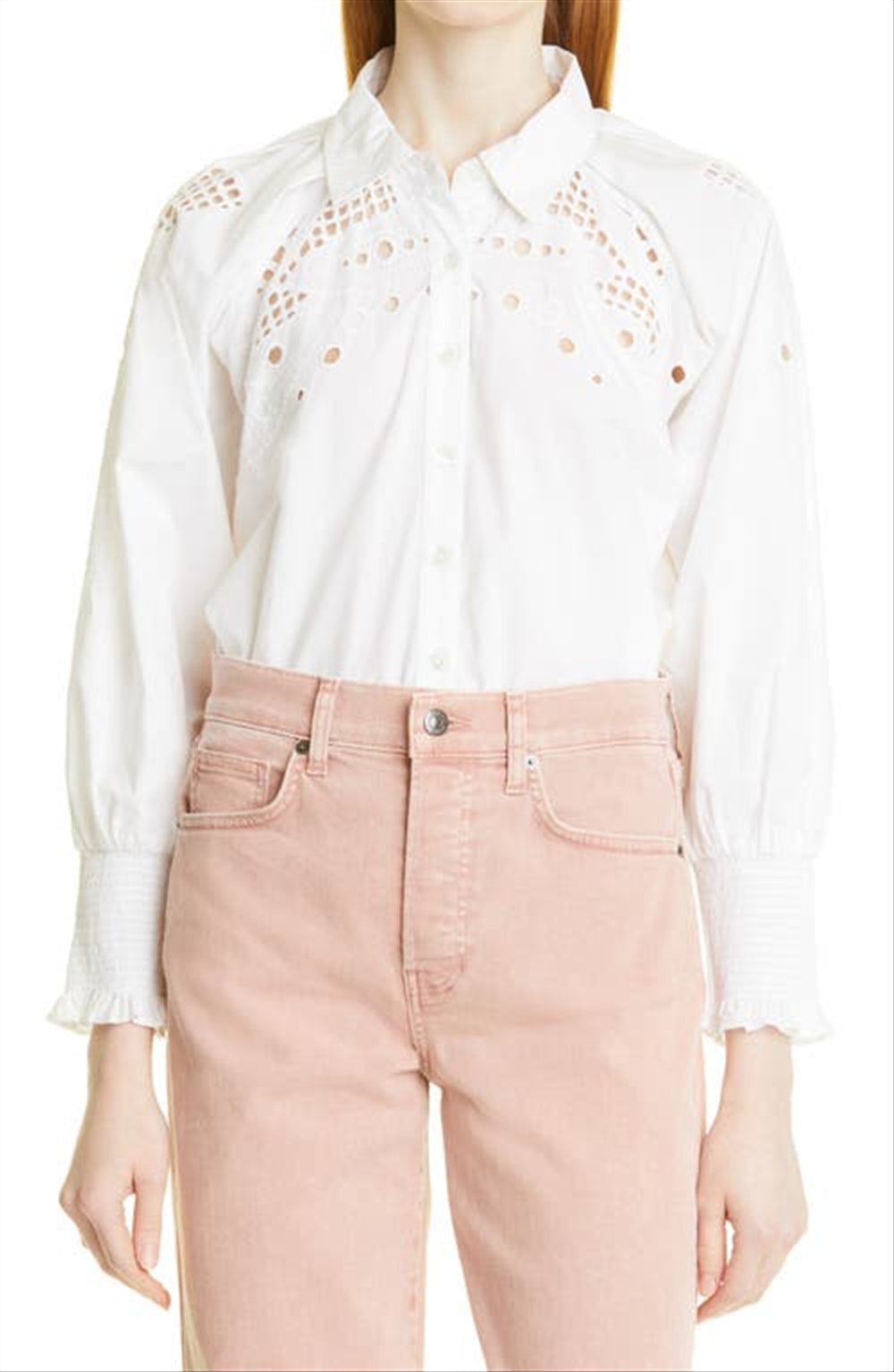 Veronica Beard Lilah Eyelet Cotton Shirt in White , Size 4