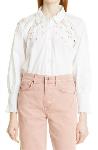 Veronica Beard Lilah Eyelet Cotton Shirt in White , Size 4