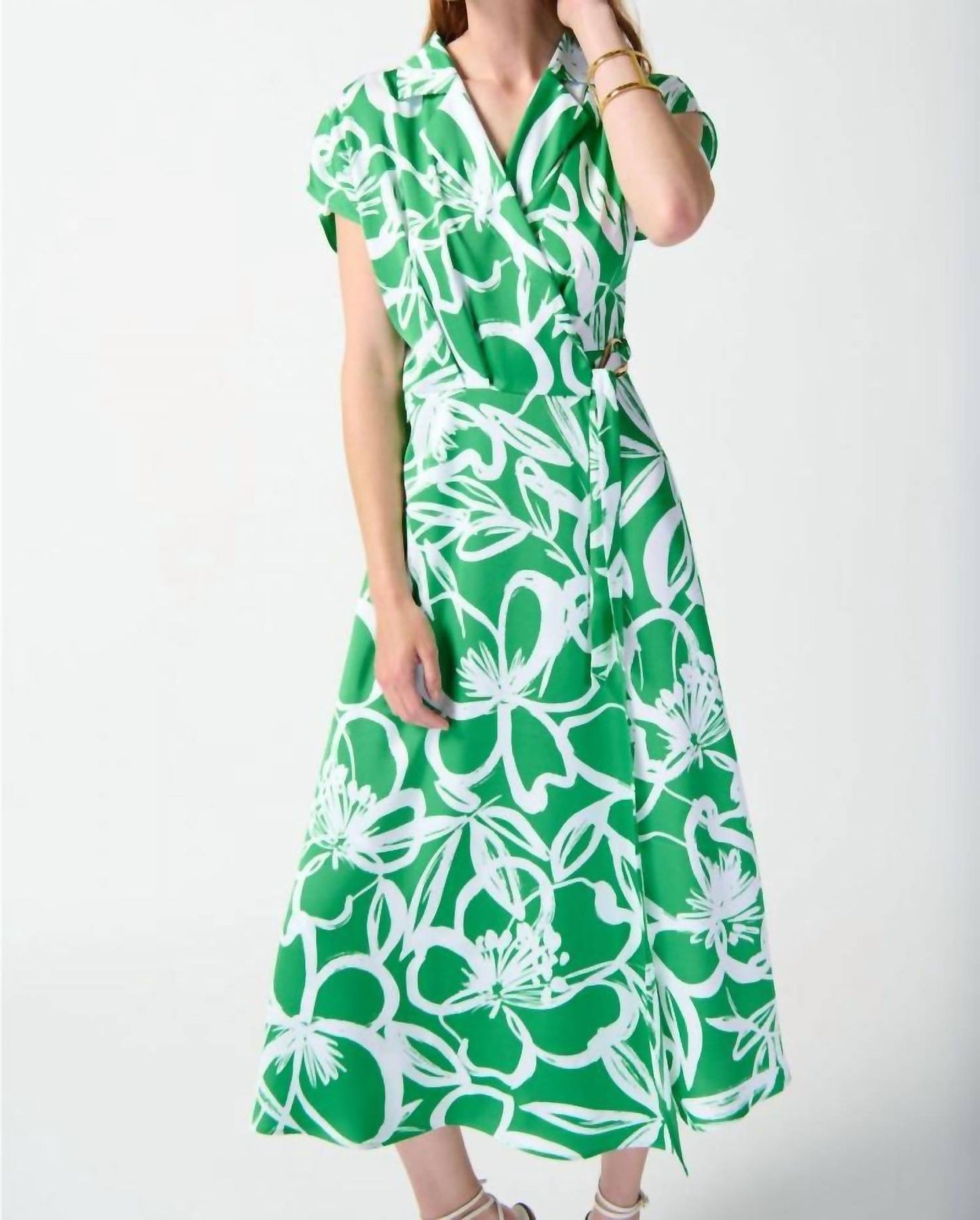 Joseph Ribkoff - Satin Floral Wrap Front Midi Fit & Flare Dress