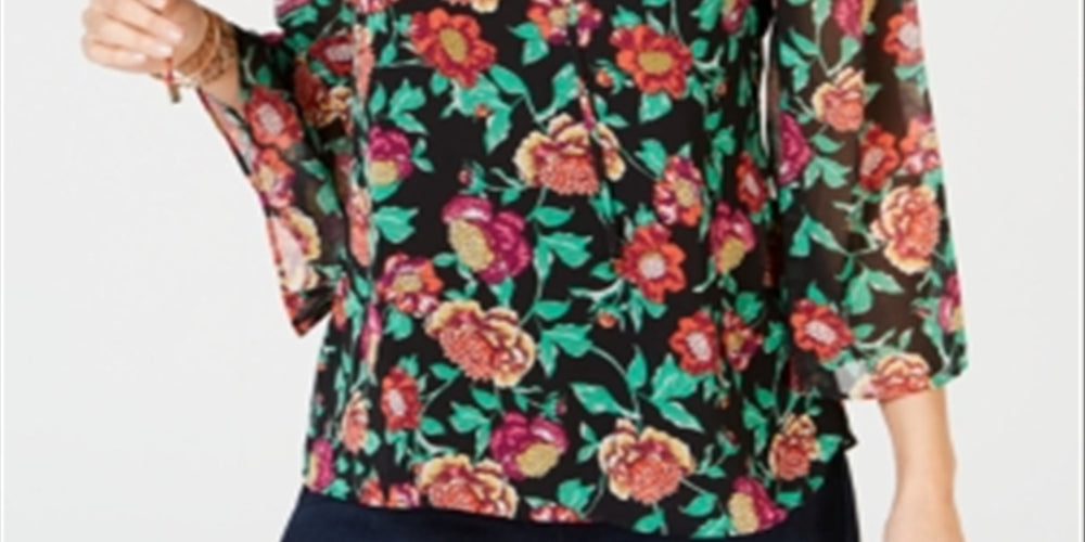 Thalia Sodi Women's Lace Up Printed Top Black Size Large