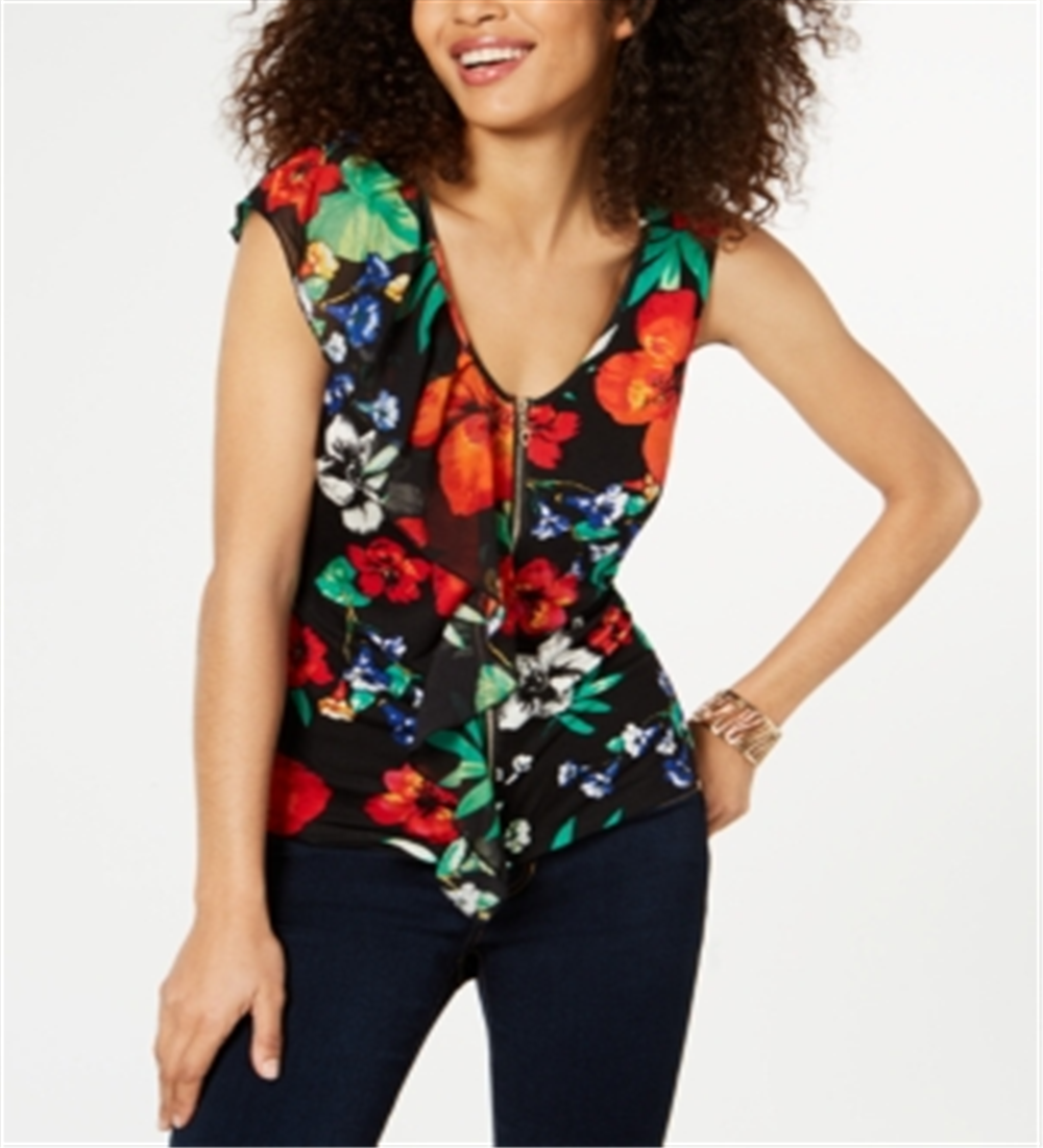 Thalia Sodi Women's Printed Ruffle Blouse Black Size Medium