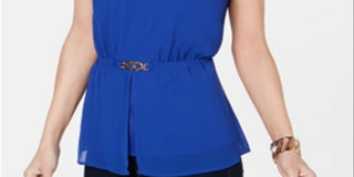 Thalia Sodi Women's Sleeveless V Neck Peplum Top Blue Size Small