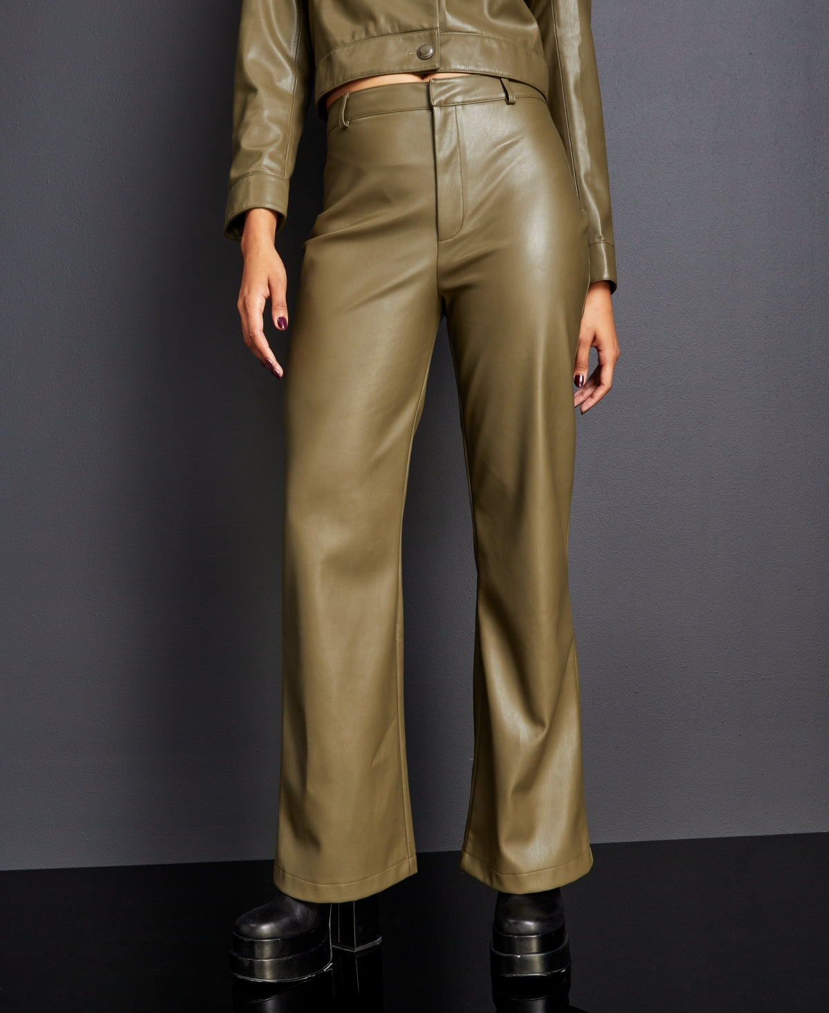 Royalty by Maluma Women's Flare Leg Faux Leather Pants Green Size 2