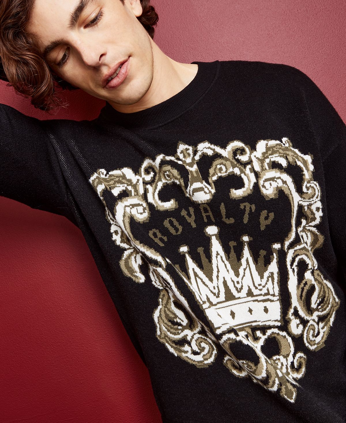 Royalty by Maluma Men's Relaxed Fit Birdseye Jacquard Logo Sweater Black Size Large