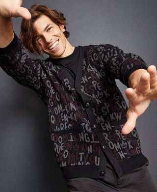 Mens V Neck Letters Cardigan Sweater Black Size Large