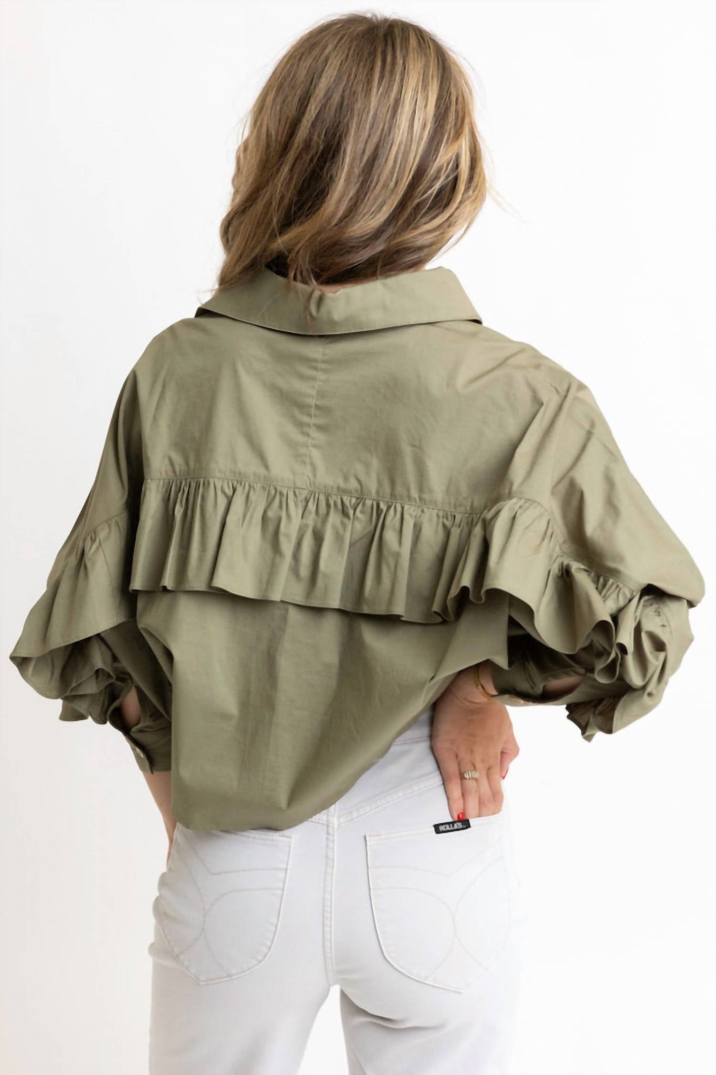 Karlie - Solid Poplin Ruffle Back Button Top