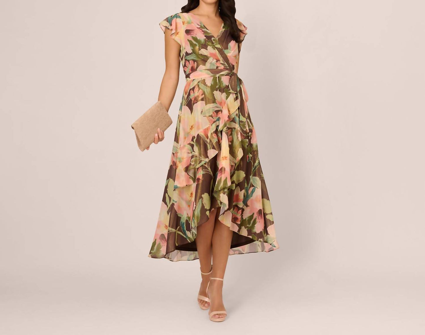 Adrianna Papell - Flutter Sleeve High Low Midi Wrap Dress