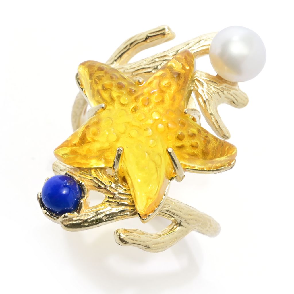 Tagliamonte 18K Gold Plated Starfish Cameo, Cultured Pearl & Lapis Ring