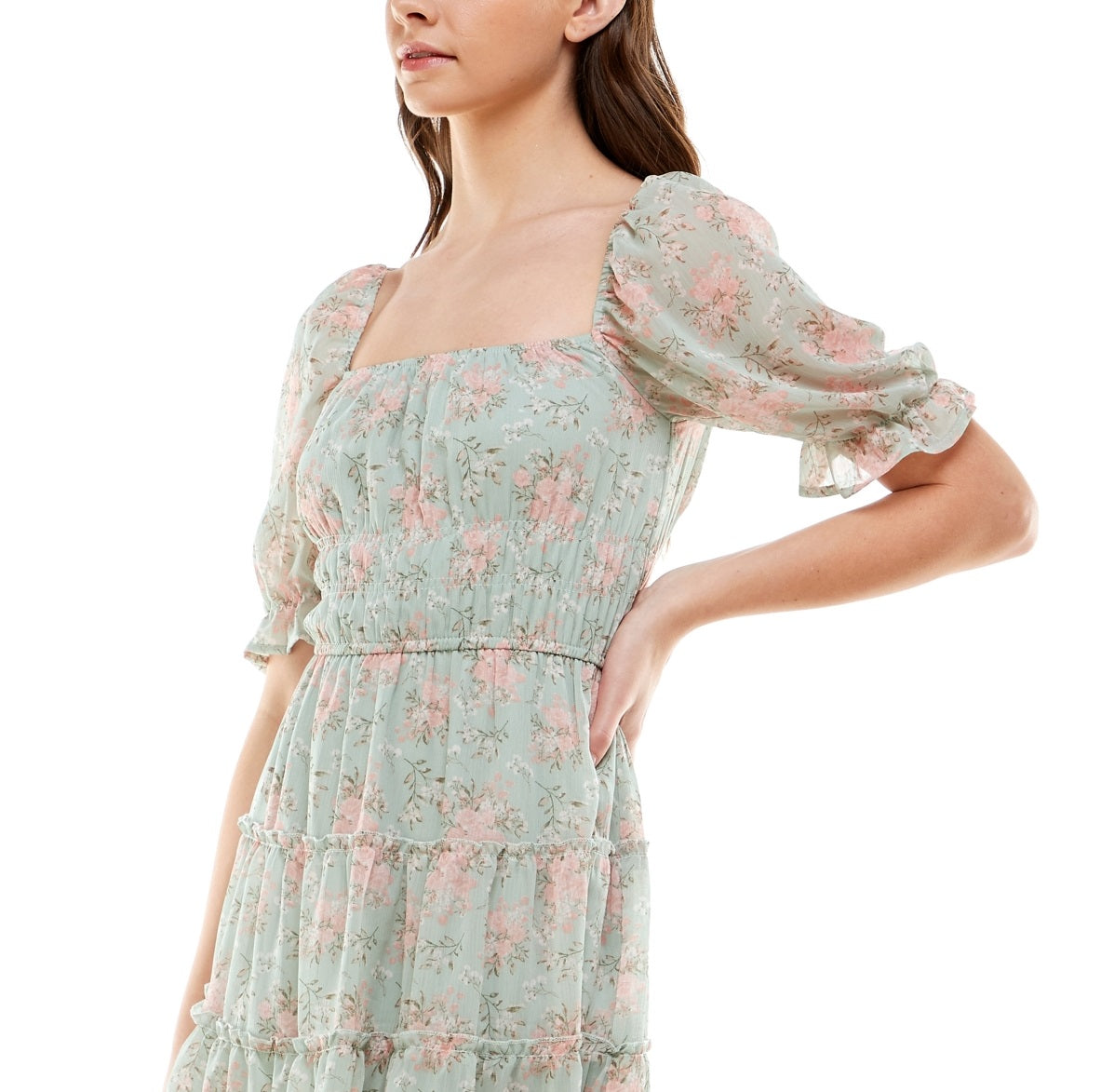 Trixxi Junior's Floral Print Tiered Dress Green Size Medium