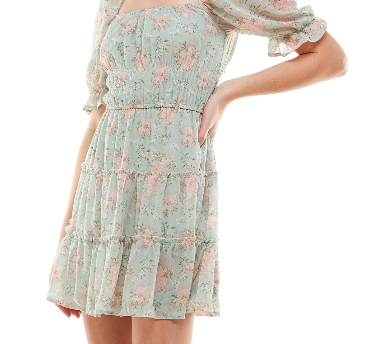 Trixxi Junior's Floral Print Tiered Dress Green Size Medium