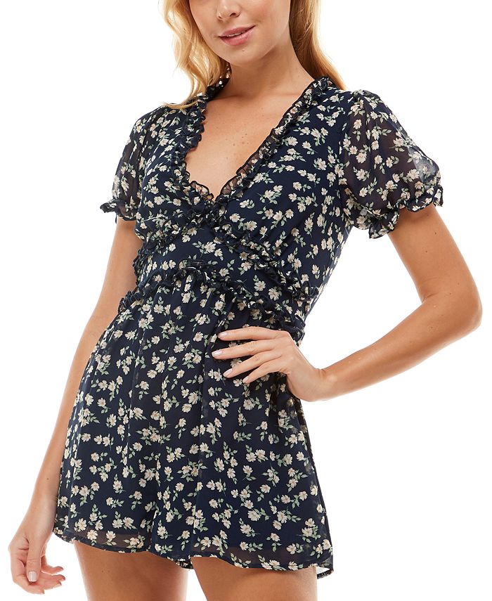 Trixxi Women's Chiffon Floral Romper Blue Size Small