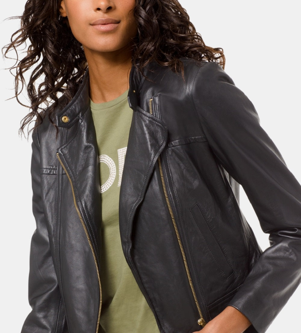 Michael Kors Women's Leather Moto Jacket Black Size Petite Medium
