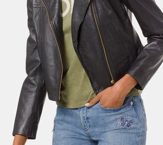 Michael Kors Women's Leather Moto Jacket Black Size Petite Medium