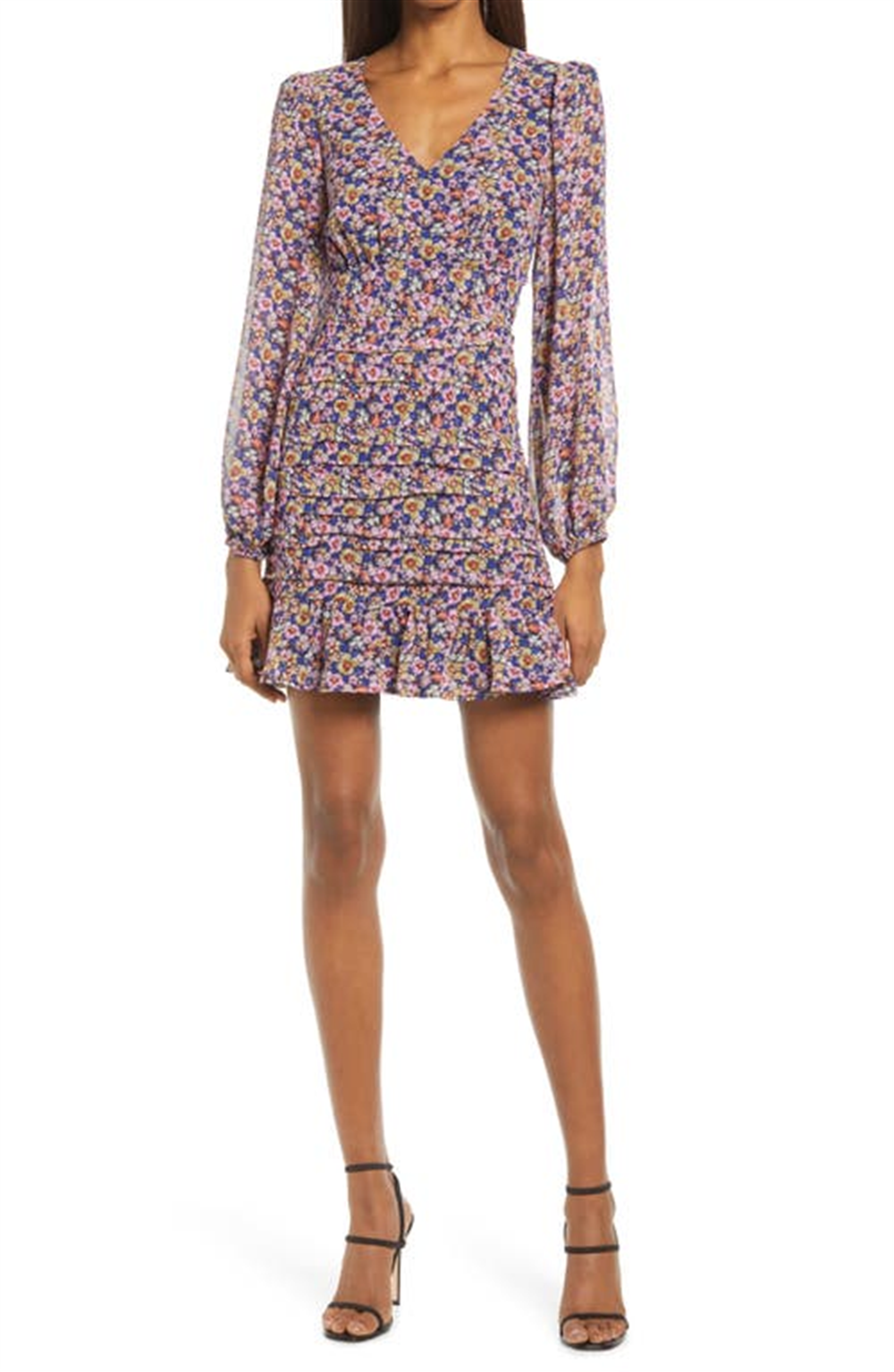 Floret Studios Floral Ruched Balloon Sleeve Minidress In Black Multi Floral Size Medium