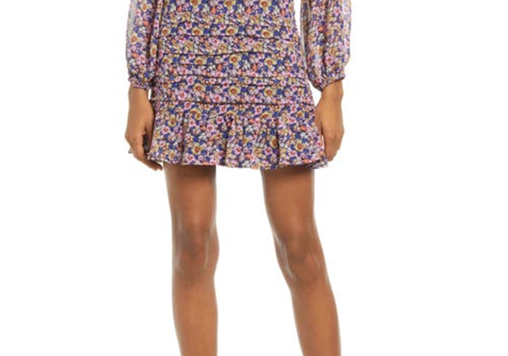 Floret Studios Floral Ruched Balloon Sleeve Minidress In Black Multi Floral Size Medium