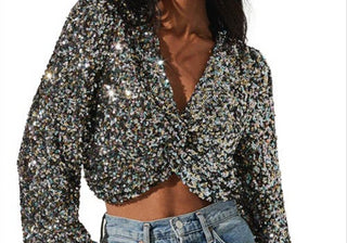 Astr The Label Twist Sequin Crop Top, Black Rainbow, Size Large