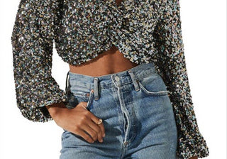 Astr The Label Twist Sequin Crop Top, Black Rainbow, Size Large