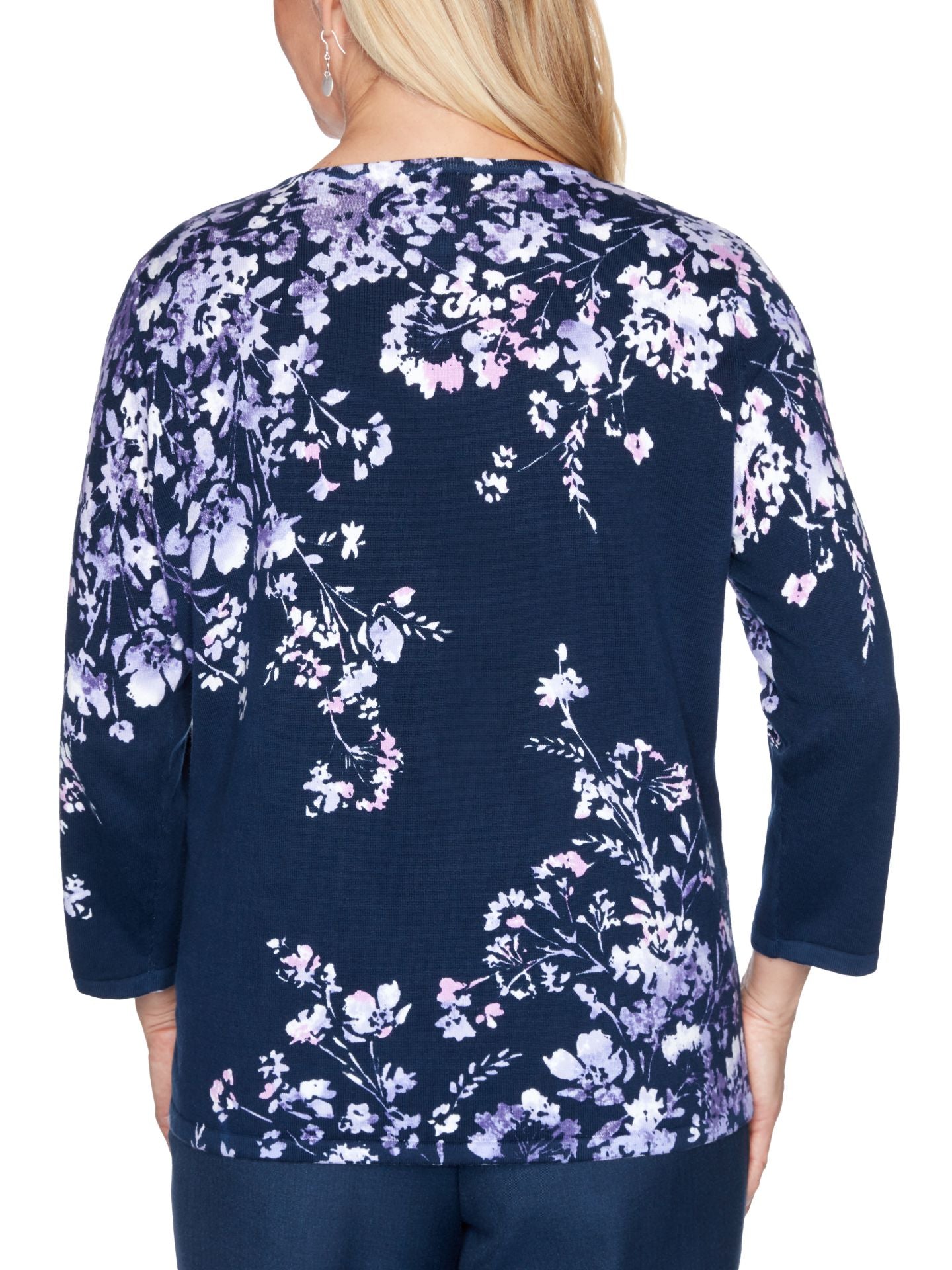 Alfred Dunner Women's Wisteria Lane Asymmetric Floral Print Sweater Blue Size 3X