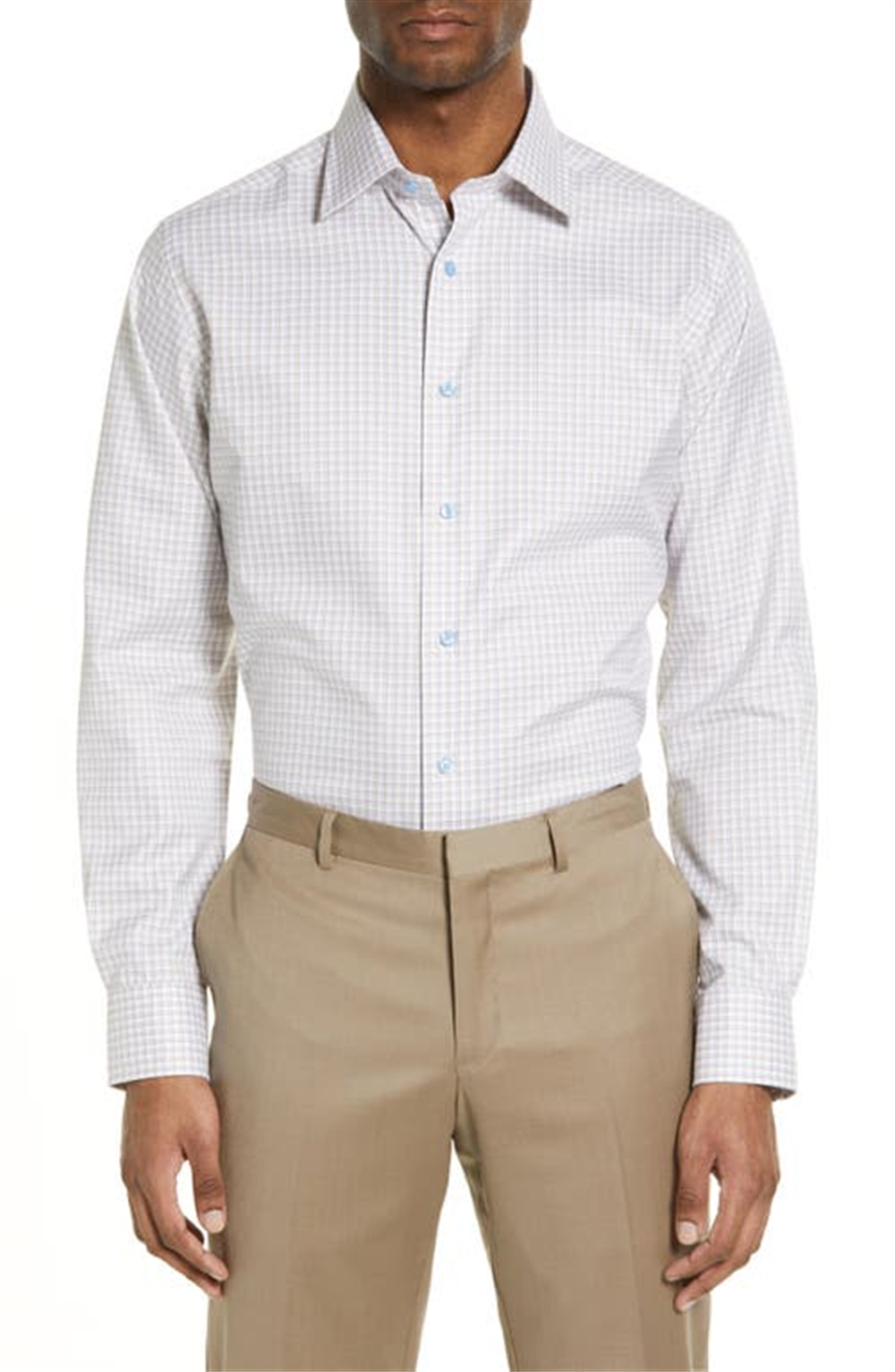 David Donahue Trim Fit Plaid Dress Shirt In White/Dune Size 15.5 - 34