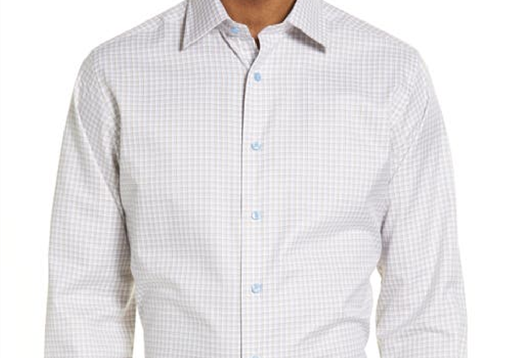 David Donahue Trim Fit Plaid Dress Shirt In White/Dune Size 15.5 - 34