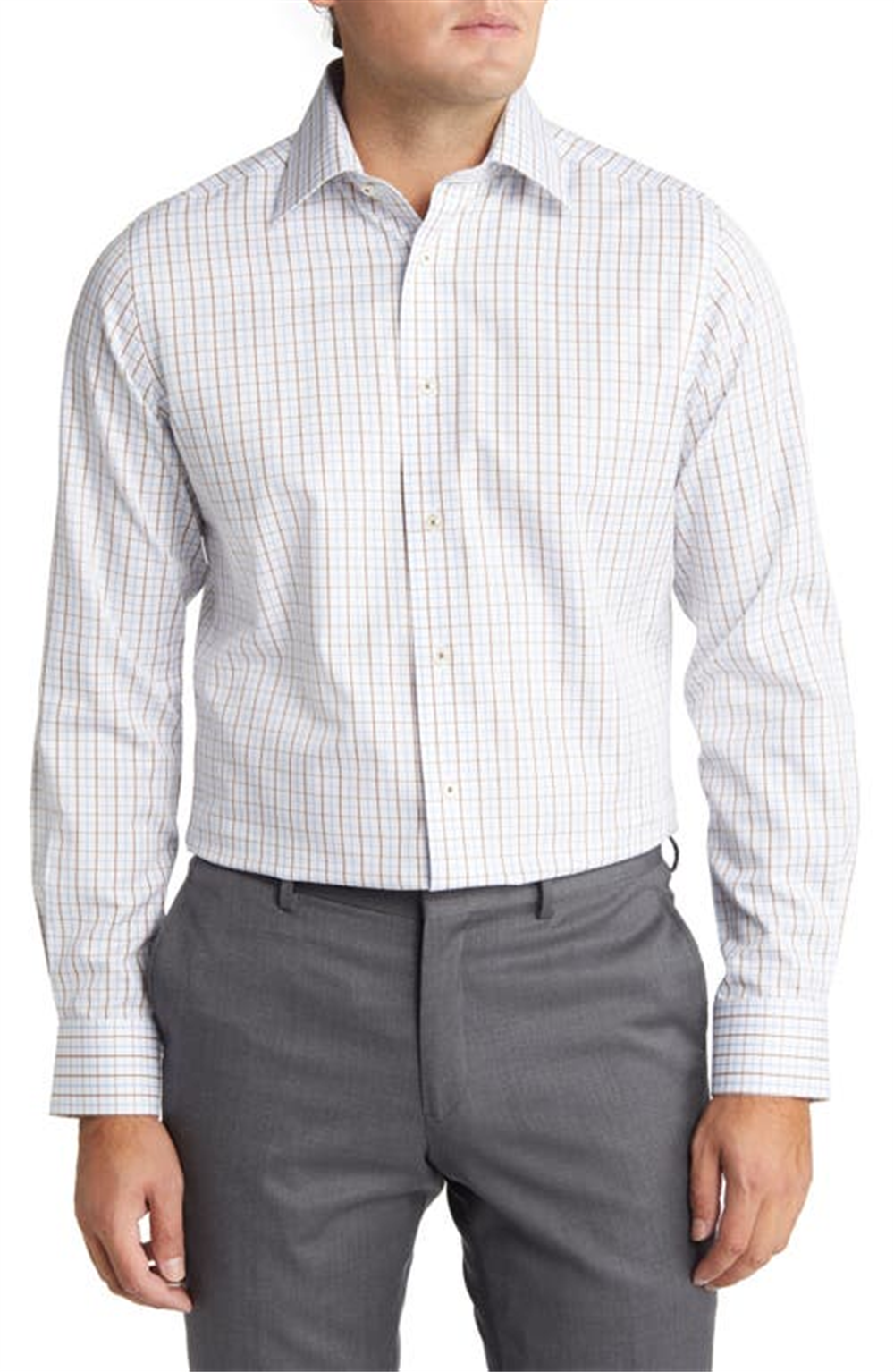 David Donahue Trim Fit Non-Iron Cotton Dress Shirt In White/Brown/Blue