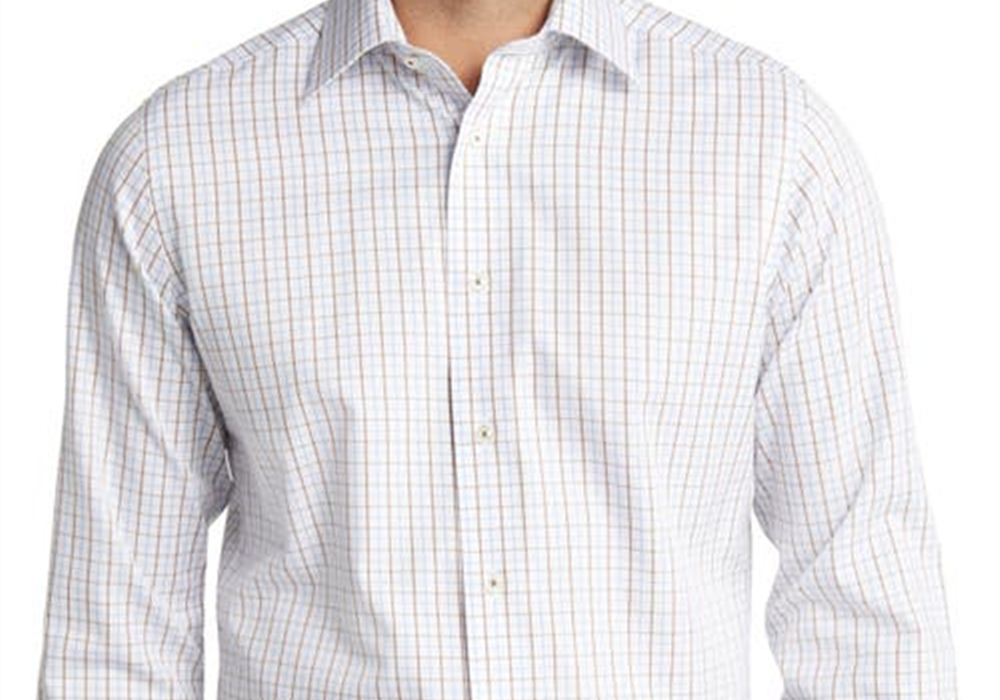 David Donahue Trim Fit Non-Iron Cotton Dress Shirt In White/Brown/Blue